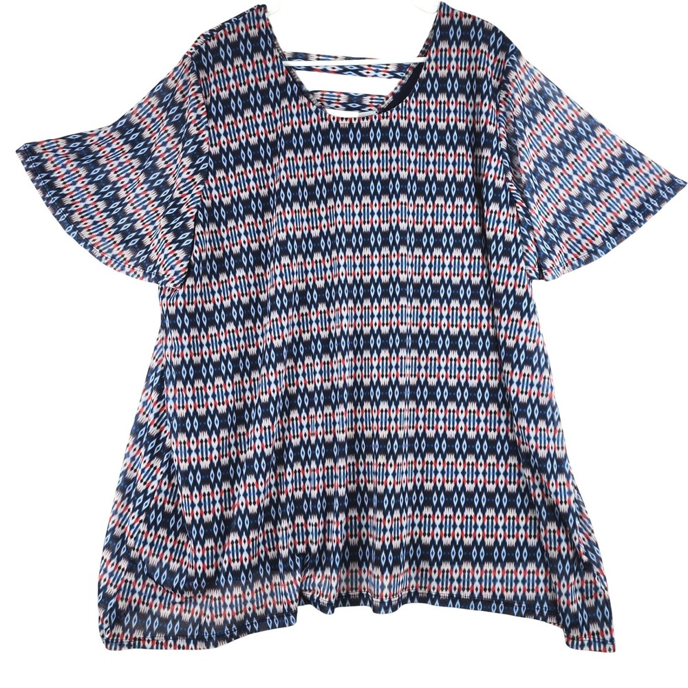 Catherines Womens 2X Blue Ikat Geometric Lattice Back Flutter Sleeve Top 22/24W